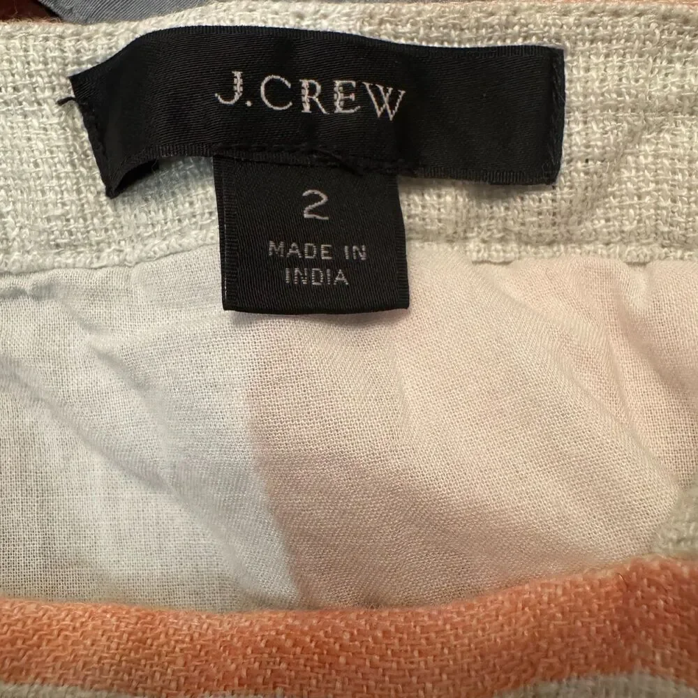 J.Crew 100% Linen Striped Midi Dress Ruffle Strap Button Front No Belt Size 2